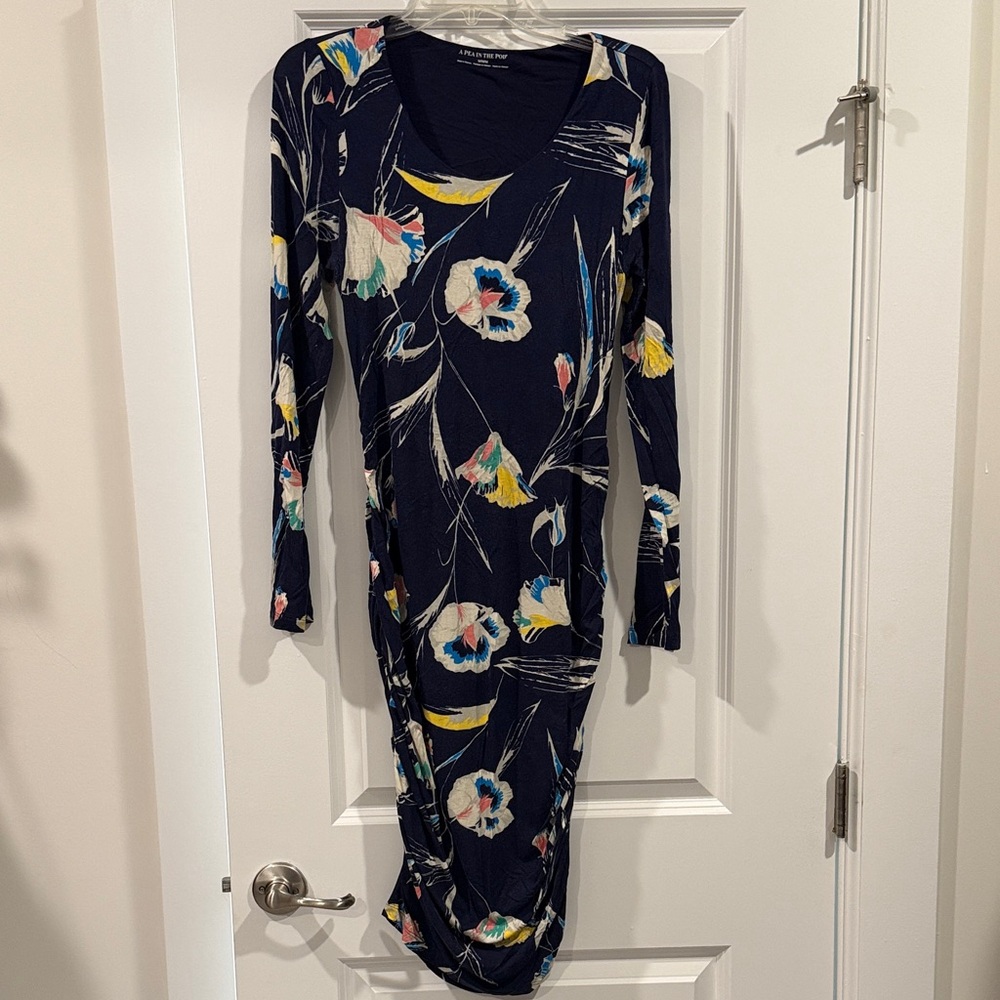A Pea in the Pod Dark Blue Floral Long Sleeve Dress
